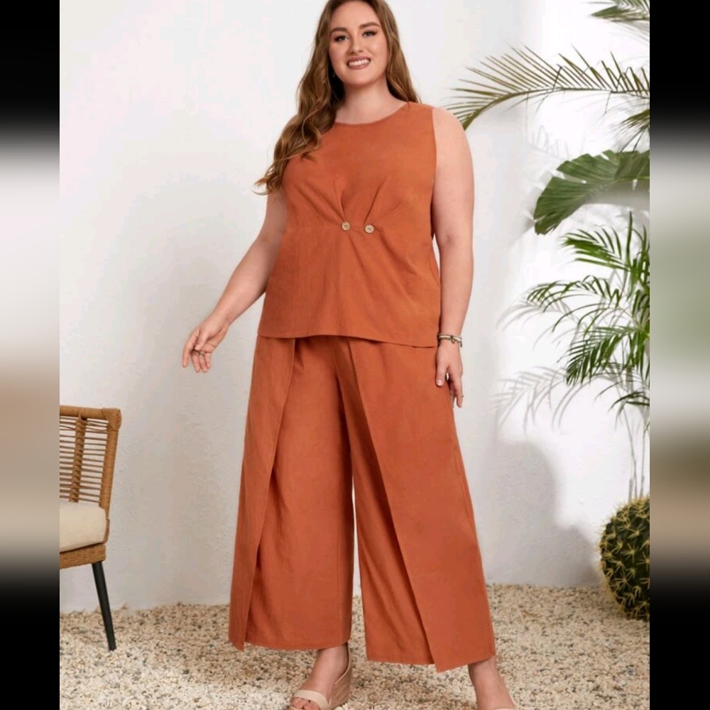 **NEW** SHEIN Plus Button Front Top & Wrap Detail Wide Leg Pants Set
